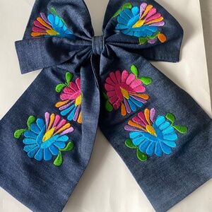 Rodeo / Boho Mexican Chambray Denim Embroidered Hair Clip Bow - Purse Clip